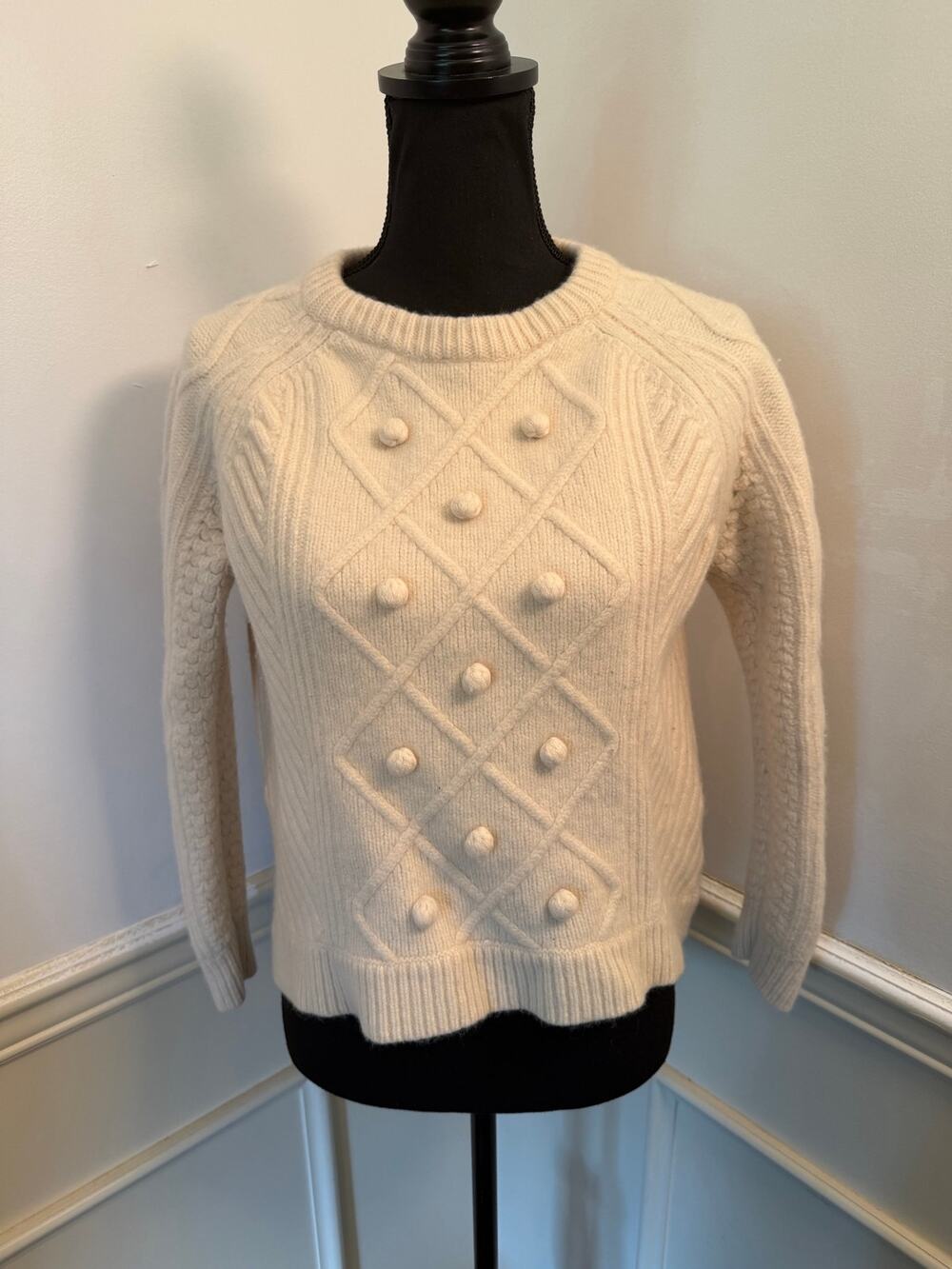 J.Crew 100% Wool Chunky Diamond Cable Knit Pom-Pom Cropped Sweater Ivory Cottage